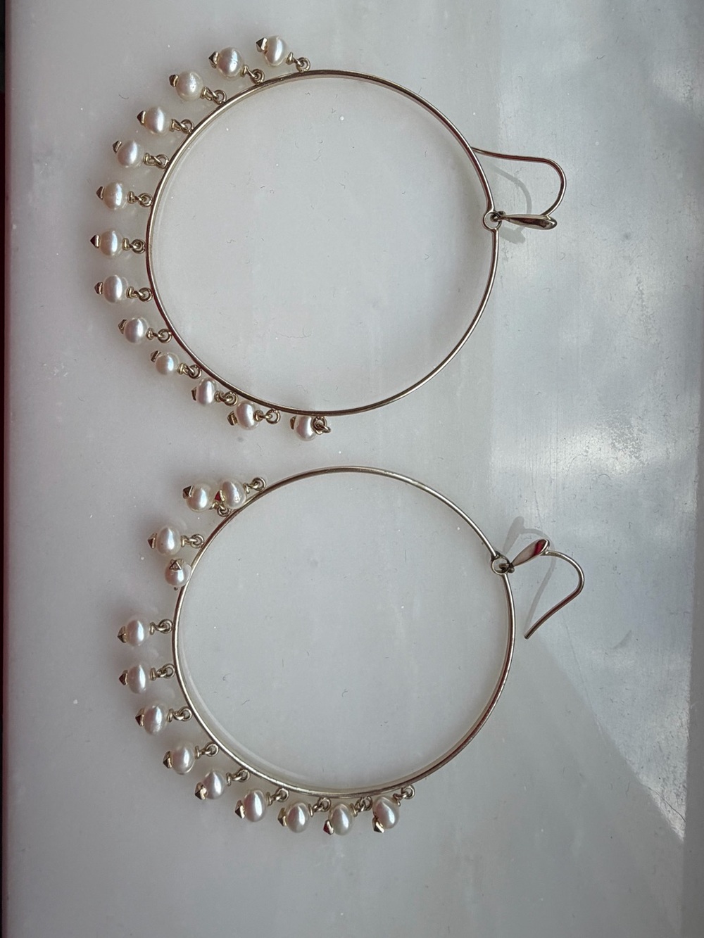 Gold Hoop Earrings with White Pearl Dangles